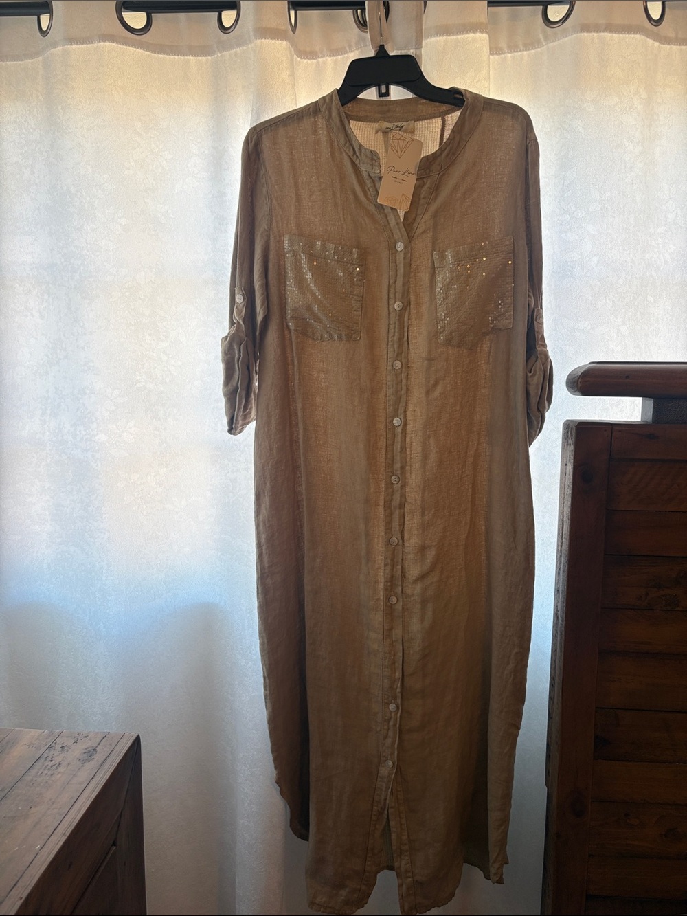 Beige Button-Front Maxi Dress with Sequin Chest Pockets